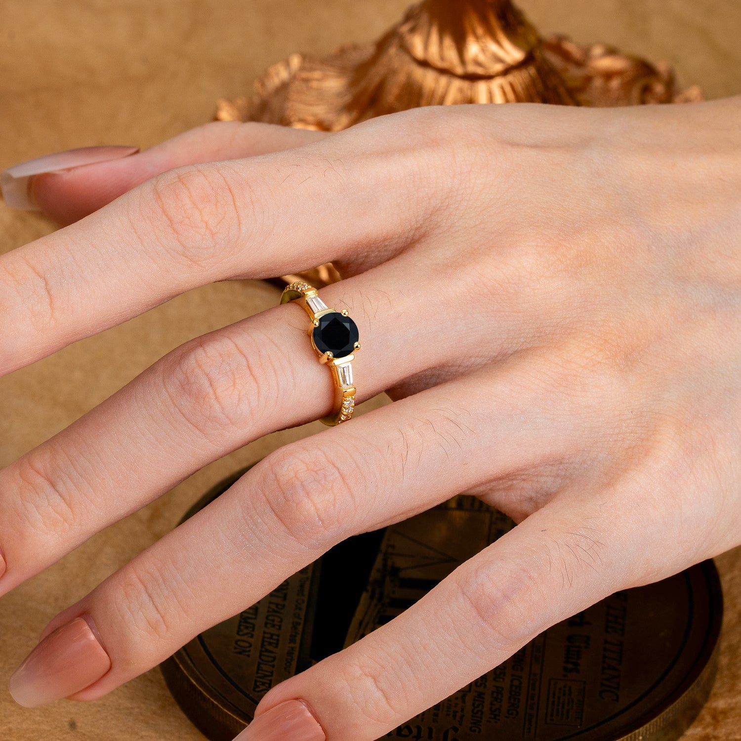 1 Carat Black Onyx Engagement Ring Side Stone Promise Ring