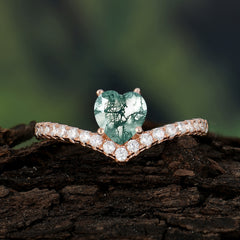 Heart Shaped Moss Agate Engagaement Ring Classic Wedding Ring