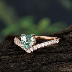 Heart Shaped Moss Agate Engagaement Ring Classic Wedding Ring