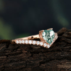 Heart Shaped Moss Agate Engagaement Ring Classic Wedding Ring