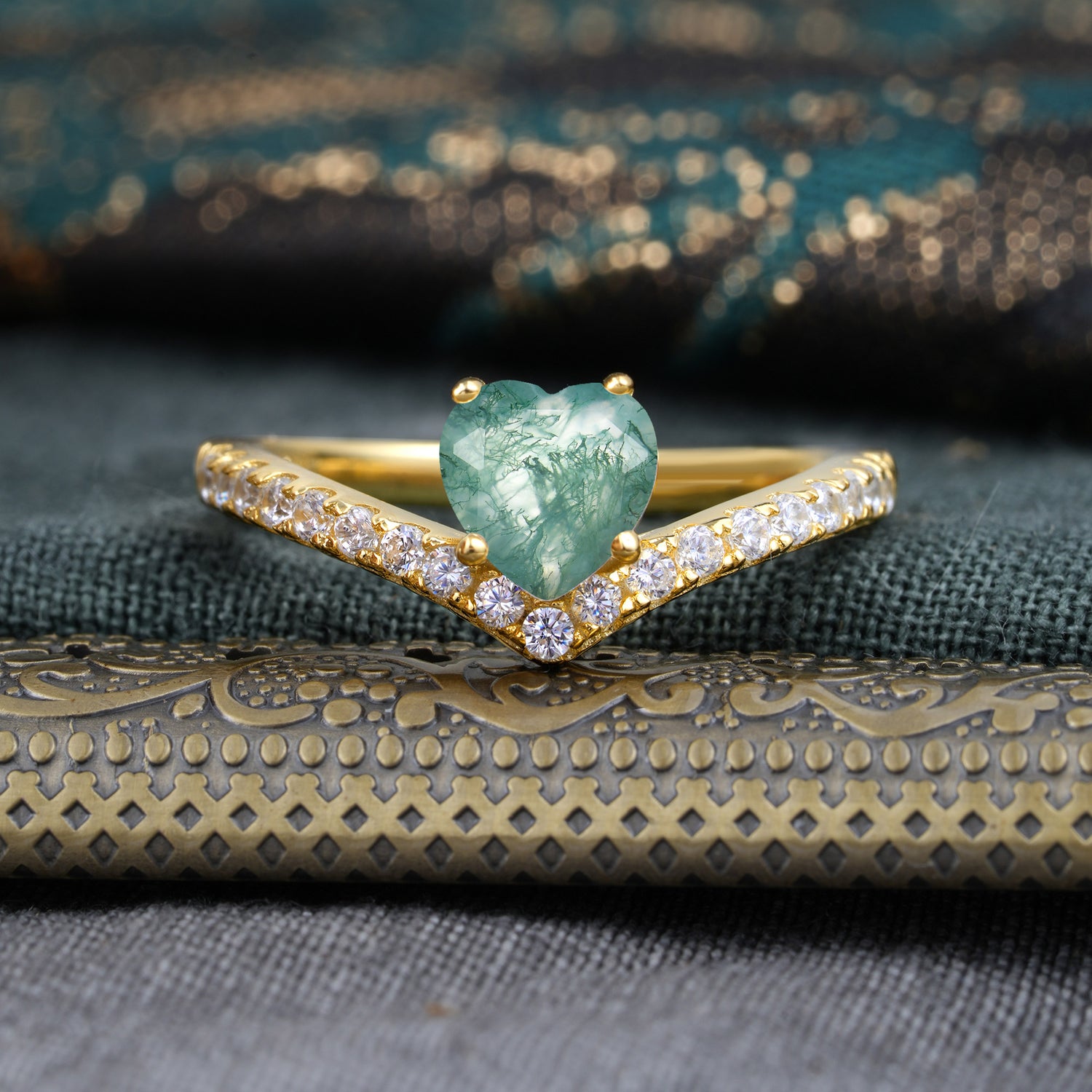 Heart Shaped Moss Agate Engagaement Ring