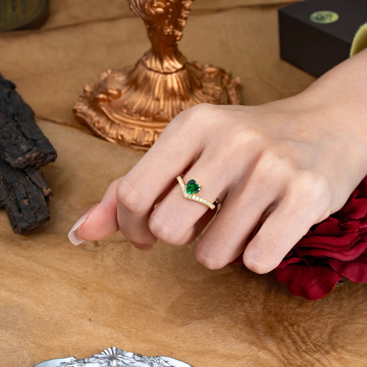 Heart Shaped Emerald Engagaement Ring - Romalar Jewelry