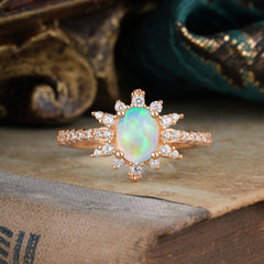 1.5 Carat Oval Cut Cluster Opal Anniversary Ring Vintage Pave Braid Band