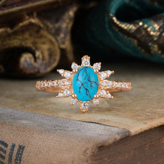 1.5 Carat Oval Cut Cluster Turquoise Anniversary Ring Vintage Pave Braid Band