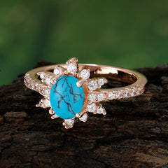 1.5 Carat Oval Cut Cluster Turquoise Anniversary Ring Vintage Pave Braid Band