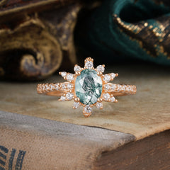 1.5 Carat Oval Cut Cluster Moss Agate Anniversary Ring Vintage Pave Braid Band