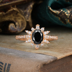 1.5 Carat Oval Cut Cluster Black Onyx Anniversary Ring Vintage Pave Braid Band