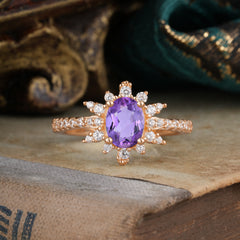 1.5 Carat Oval Cut Cluster Amethyst Anniversary Ring Vintage Pave Braid Band