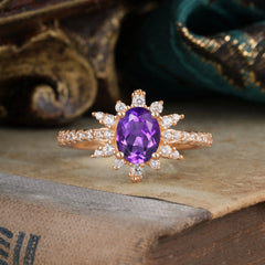 1.5 Carat Oval Cut Cluster Amethyst Anniversary Ring Vintage Pave Braid Band