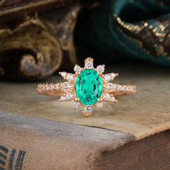 1.5 Carat Oval Cut Cluster Emerald Anniversary Ring Vintage Pave Braid Band