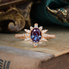 1.5 Carat Oval Cut Cluster Alexandrite Anniversary Ring Vintage Pave Braid Band