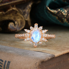 1.5 Carat Oval Cut Cluster Moonstone Anniversary Ring Vintage Pave Braid Band