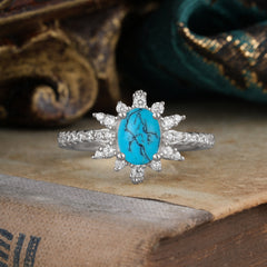 1.5 Carat Oval Cut Cluster Turquoise Anniversary Ring Vintage Pave Braid Band
