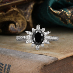 1.5 Carat Oval Cut Cluster Black Onyx Anniversary Ring Vintage Pave Braid Band