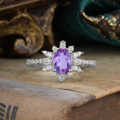 1.5 Carat Oval Cut Cluster Amethyst Anniversary Ring Vintage Pave Braid Band