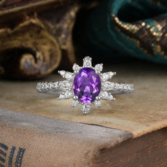 1.5 Carat Oval Cut Cluster Amethyst Anniversary Ring Vintage Pave Braid Band