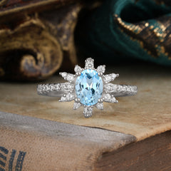1.5 Carat Oval Cut Cluster Aquamarine Anniversary Ring Vintage Pave Braid Band