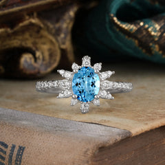 1.5 Carat Oval Cut Cluster Aquamarine Anniversary Ring Vintage Pave Braid Band