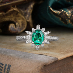 1.5 Carat Oval Cut Cluster Emerald Anniversary Ring Vintage Pave Braid Band