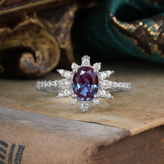 1.5 Carat Oval Cut Cluster Alexandrite Anniversary Ring Vintage Pave Braid Band