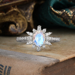 1.5 Carat Oval Cut Cluster Moonstone Anniversary Ring Vintage Pave Braid Band