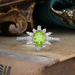 1.5 Carat Oval Cut Cluster Peridot Anniversary Ring Vintage Pave Braid Band