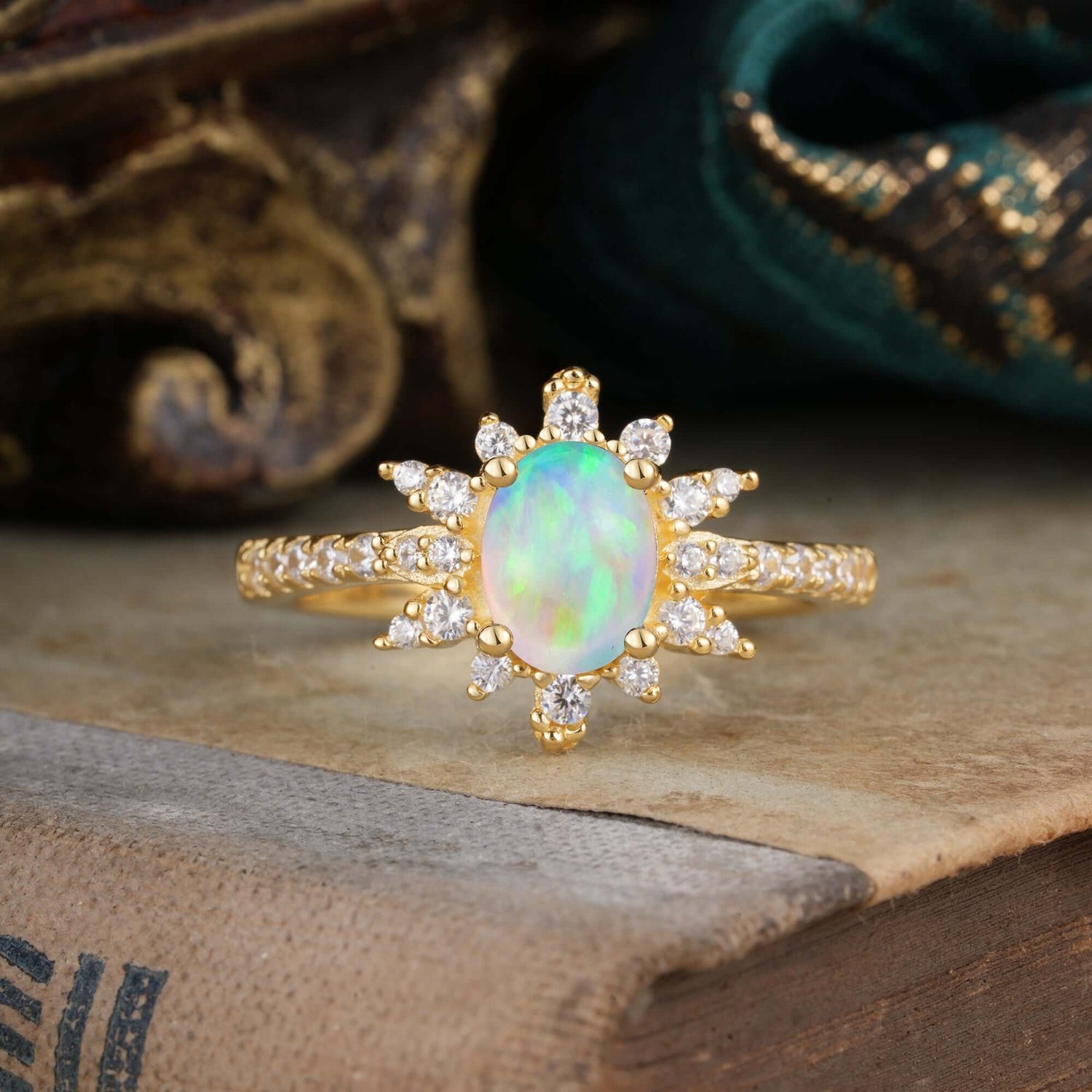 1.5 Carat Oval Cut Cluster Opal Anniversary Engagement Ring Vintage Pave Braid Band