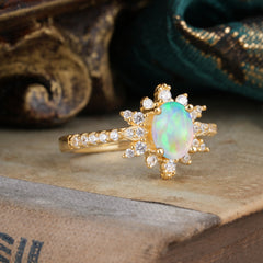 1.5 Carat Oval Cut Cluster Opal Anniversary Ring Vintage Pave Braid Band