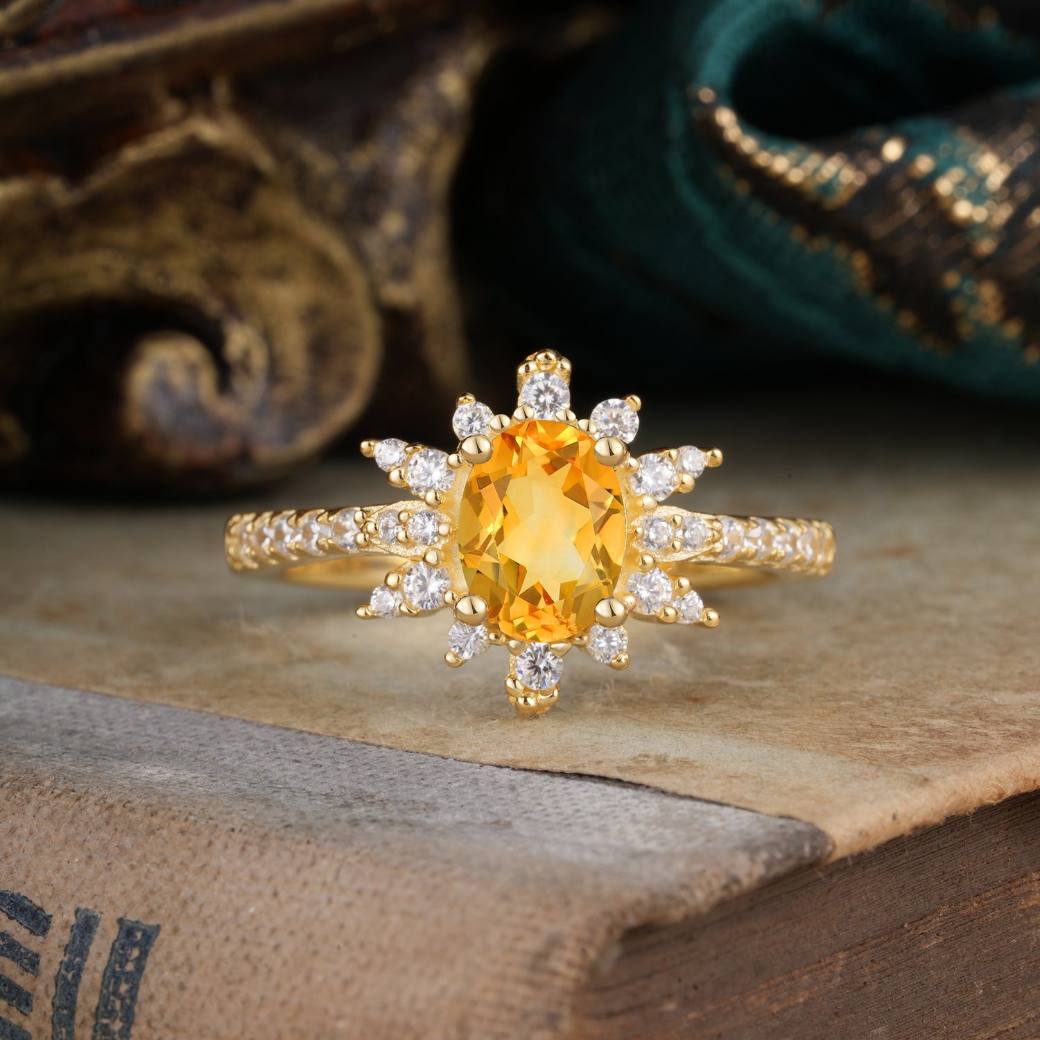 1.5 Carat Oval Cut Cluster Citrine Anniversary Engagement Ring  Vintage Pave Braid Band