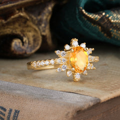 1.5 Carat Oval Cut Cluster Citrine Anniversary Ring Vintage Pave Braid Band