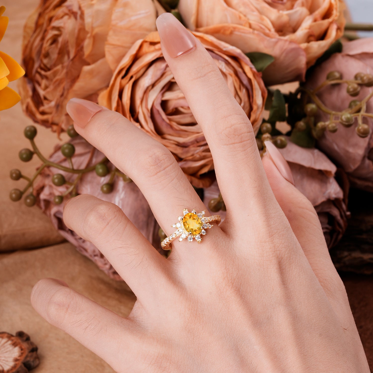 1.5 Carat Oval Cut Cluster Citrine Anniversary Engagement Ring  Vintage Pave Braid Band