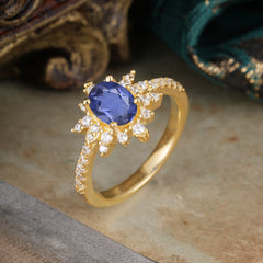 1.5 Carat Oval Cut Cluster Tanzanit Anniversary Ring Vintage Pave Braid Band