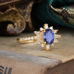 1.5 Carat Oval Cut Cluster Tanzanit Anniversary Ring Vintage Pave Braid Band