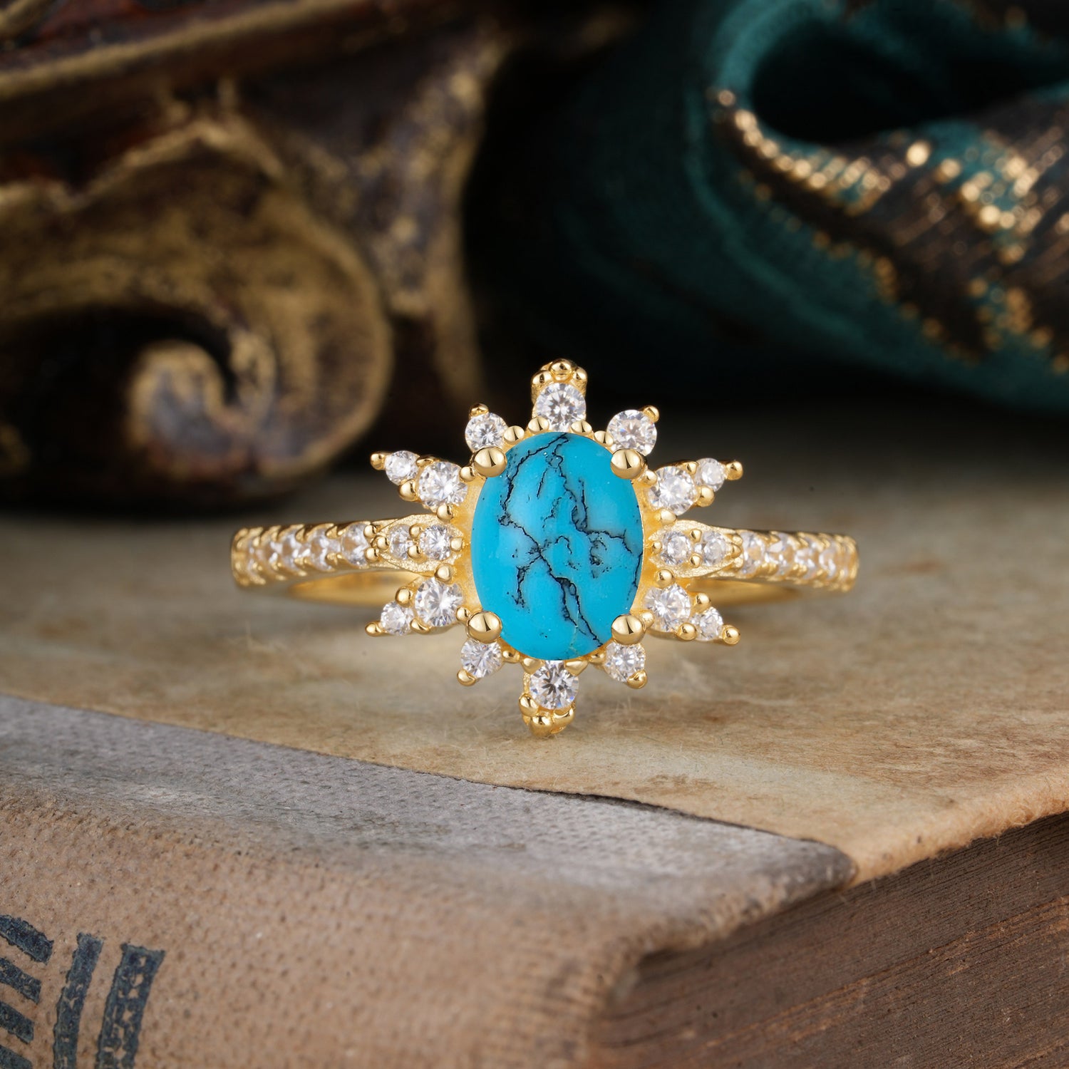 1.5 Carat Oval Cut Cluster Turquoise Anniversary Engagement Ring Vintage Pave Braid Band