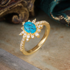 1.5 Carat Oval Cut Cluster Turquoise Anniversary Ring Vintage Pave Braid Band