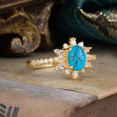 1.5 Carat Oval Cut Cluster Turquoise Anniversary Ring Vintage Pave Braid Band