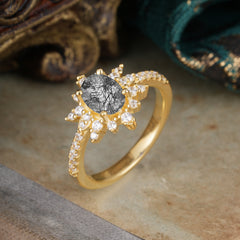 1.5 Carat Oval Cut Cluster Black Rutilated Quartz Anniversary Ring Vintage Pave Braid Band