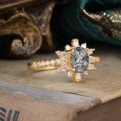 1.5 Carat Oval Cut Cluster Black Rutilated Quartz Anniversary Ring Vintage Pave Braid Band