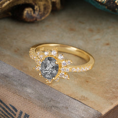 1.5 Carat Oval Cut Cluster Black Rutilated Quartz Anniversary Ring Vintage Pave Braid Band