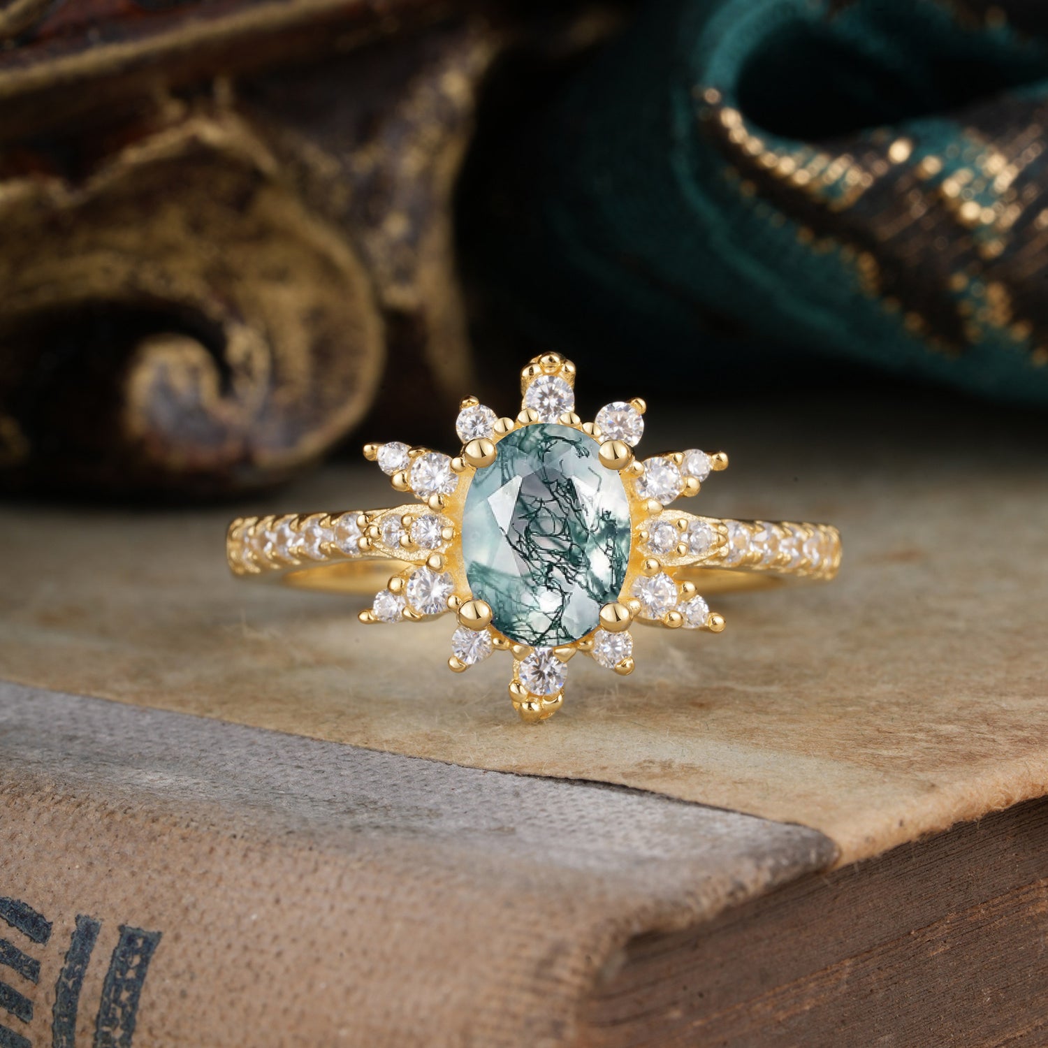1.5 Carat Oval Cut Cluster Moss Agate Anniversary Engagement Ring Vintage Pave Braid Band