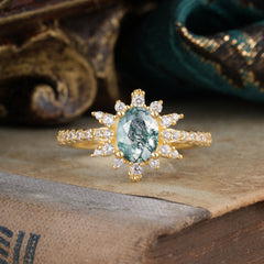 1.5 Carat Oval Cut Cluster Moss Agate Anniversary Ring Vintage Pave Braid Band