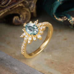 1.5 Carat Oval Cut Cluster Moss Agate Anniversary Ring Vintage Pave Braid Band