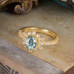 1.5 Carat Oval Cut Cluster Moss Agate Anniversary Ring Vintage Pave Braid Band