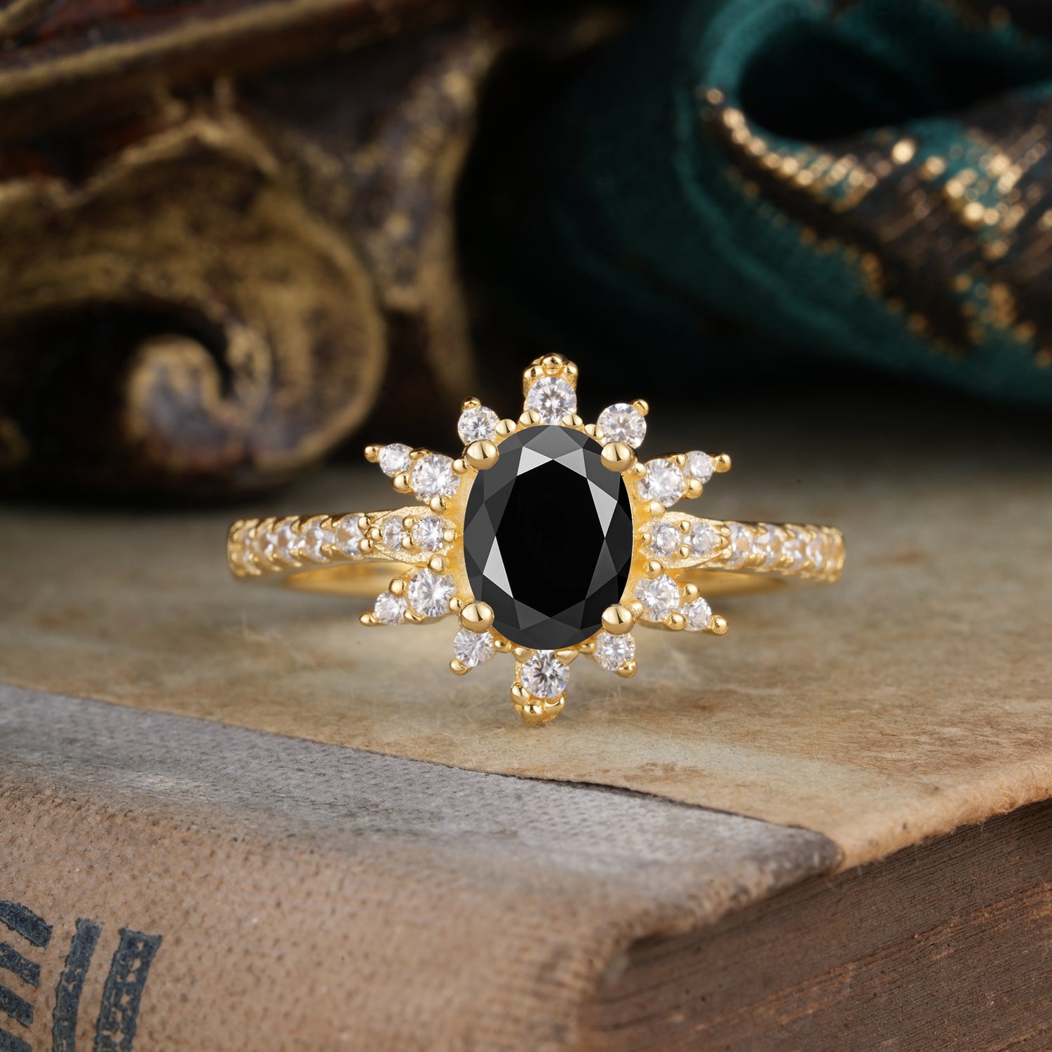 1.5 Carat Oval Cut Cluster Black Onyx Anniversary Engagement Ring Vintage Pave Braid Band
