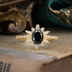 1.5 Carat Oval Cut Cluster Black Onyx Anniversary Ring Vintage Pave Braid Band