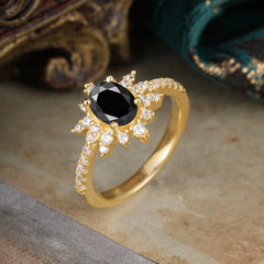 1.5 Carat Oval Cut Cluster Black Onyx Anniversary Ring Vintage Pave Braid Band