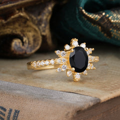 1.5 Carat Oval Cut Cluster Black Onyx Anniversary Ring Vintage Pave Braid Band