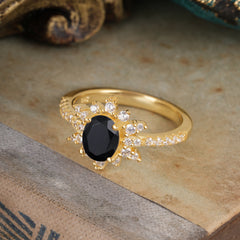 1.5 Carat Oval Cut Cluster Black Onyx Anniversary Ring Vintage Pave Braid Band