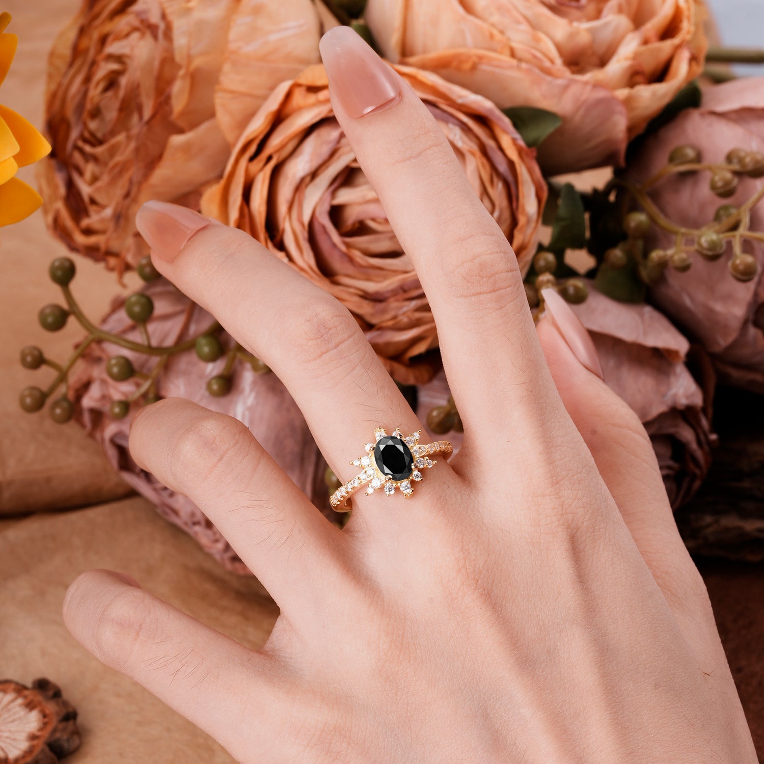 1.5 Carat Oval Cut Cluster Black Onyx Anniversary Engagement Ring Vintage Pave Braid Band