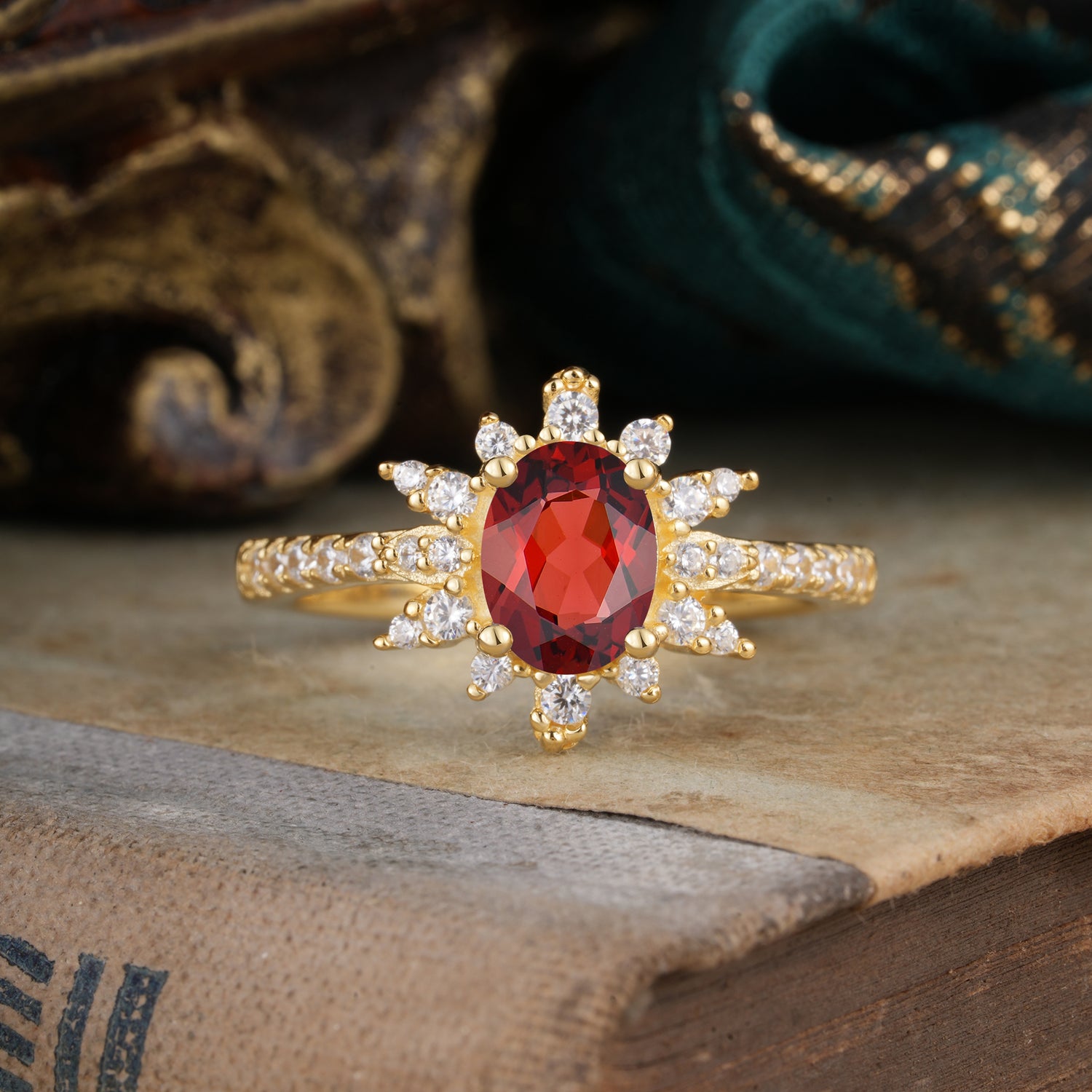 1.5 Carat Oval Cut Cluster Garnet Anniversary Engagement Ring Vintage Pave Braid Band